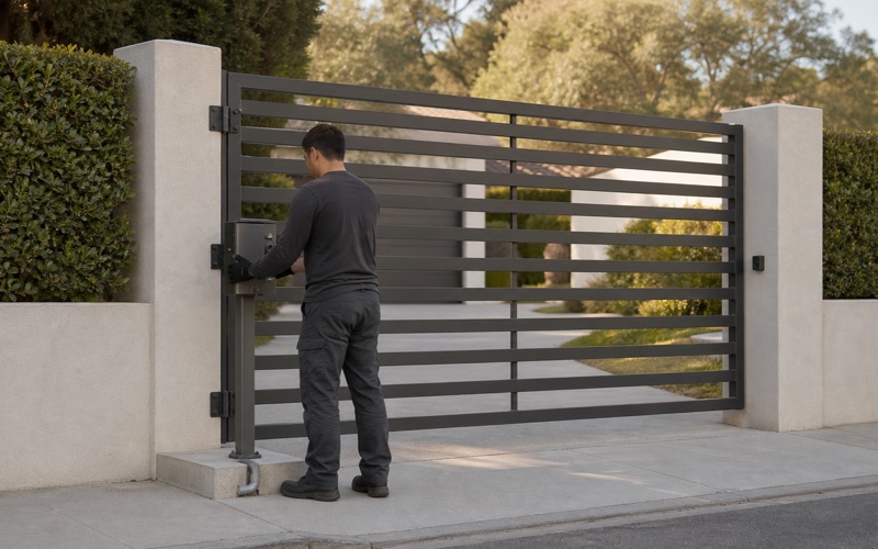 Technician seating a keypad into its pedestal head at a driveway entrance