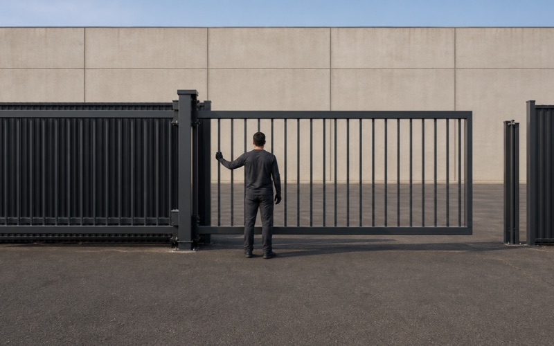 Installer rolling a steel cantilever gate open across an industrial yard entrance
