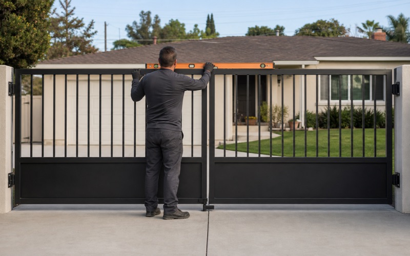 Installer levelling the top rail of a newly hung steel driveway gate