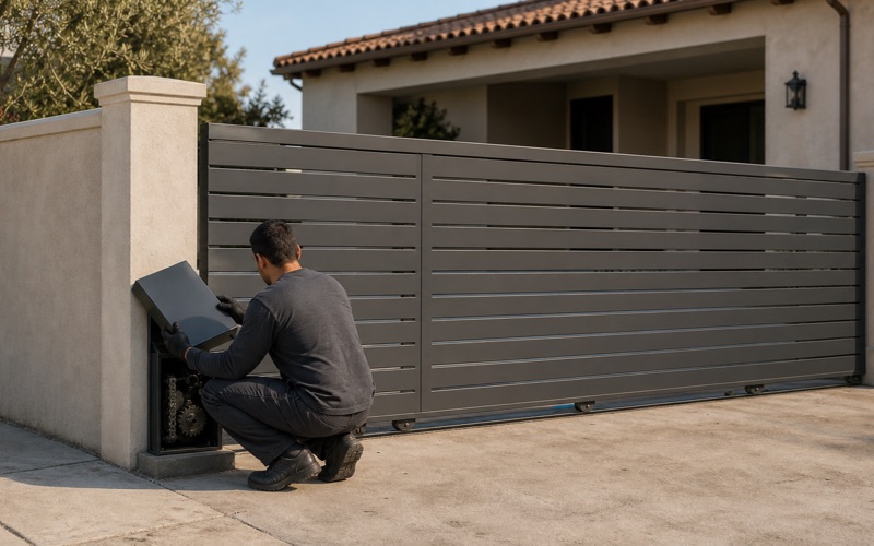 Technician lifting the housing cover from a slide gate operator during a repair