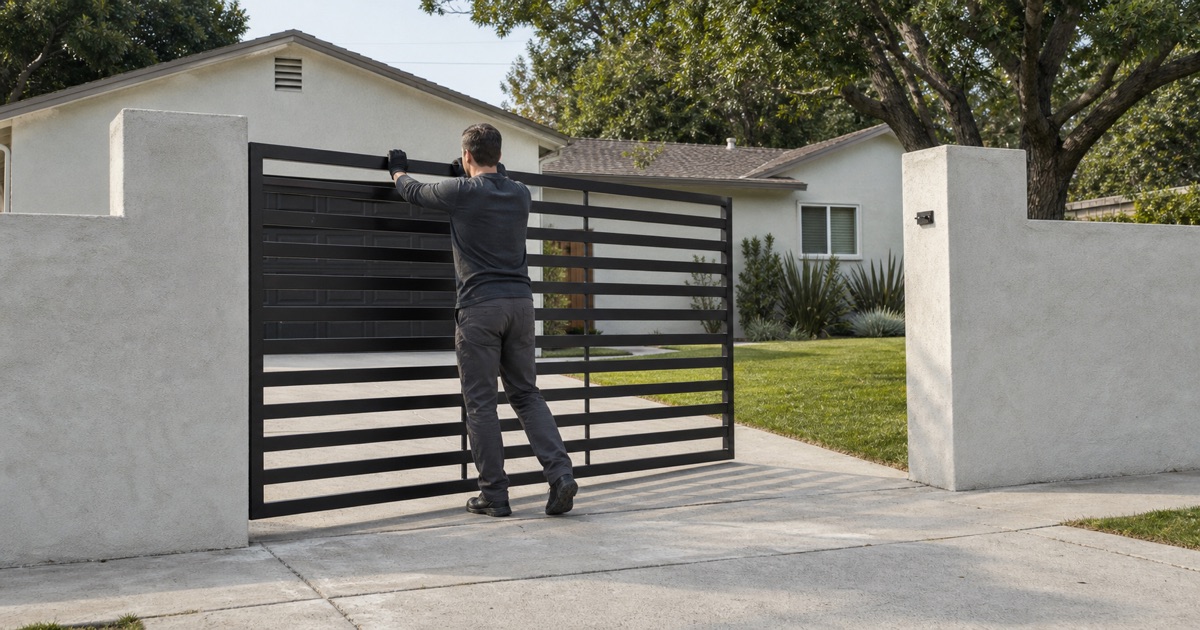 Installer walking a steel driveway gate open on its hinges at a Bellflower frontage