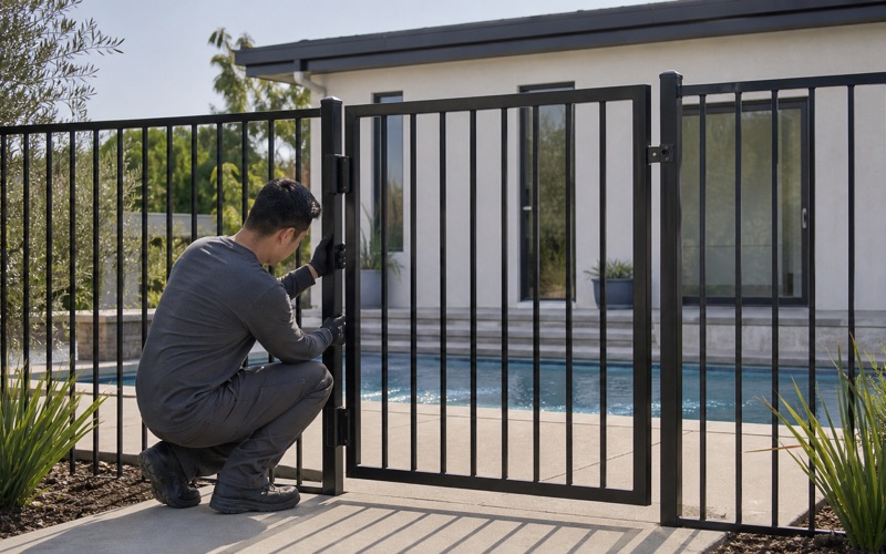 Installer setting the self-closing hinge on an aluminum pool gate