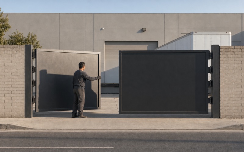 Installer drawing a solid steel entrance gate closed at a Bellflower trucking yard