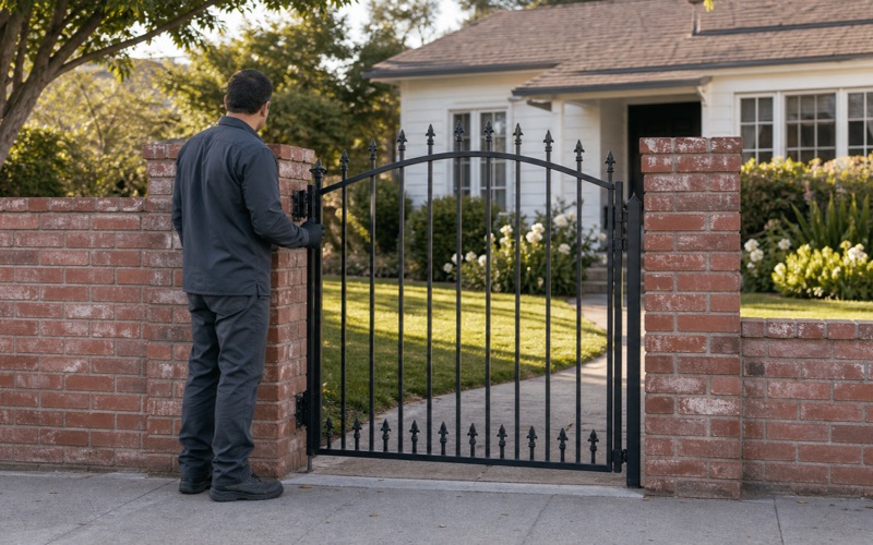 Installer hanging a single open-picket wrought iron front yard gate
